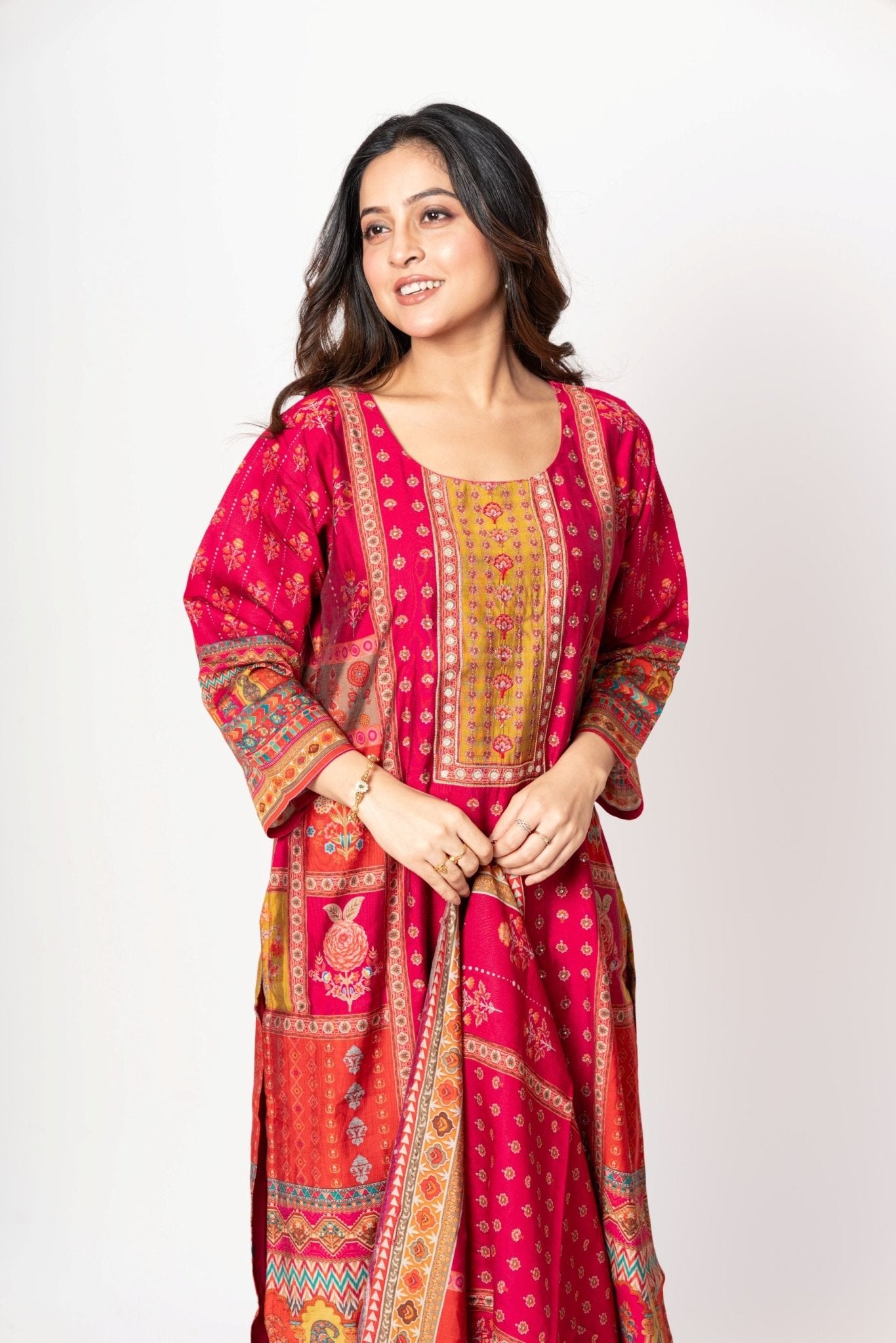 Elegant Pink Printed Silk Kurta Set with Straight Pants & Dupatta - Anvi Couture