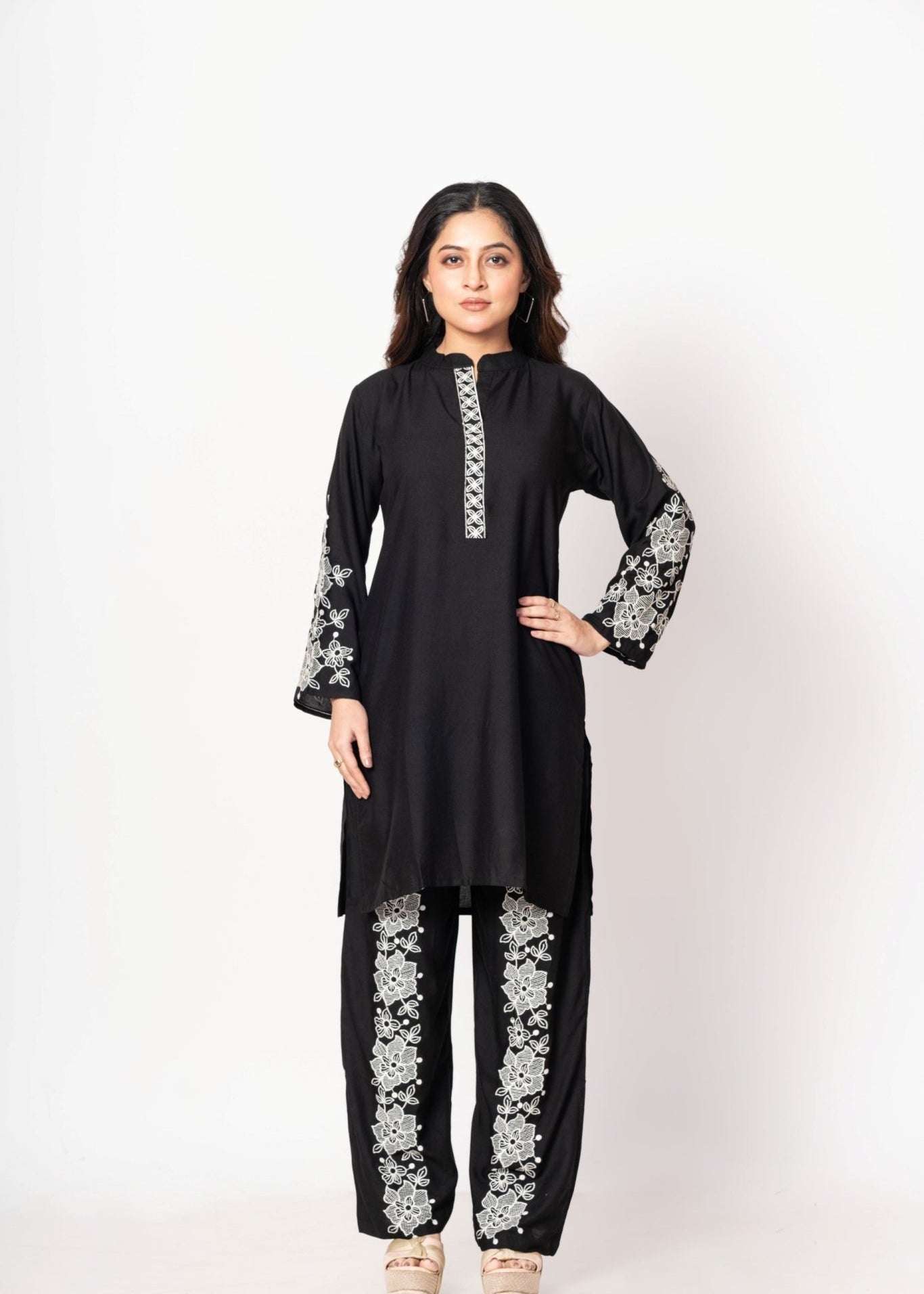 Black Rayon Co - Ord Set with White Floral Embroidered Work - Anvi Couture