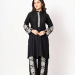 Black Rayon Co - Ord Set with White Floral Embroidered Work - Anvi Couture
