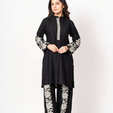 Black Rayon Co - Ord Set with White Floral Embroidered Work - Anvi Couture