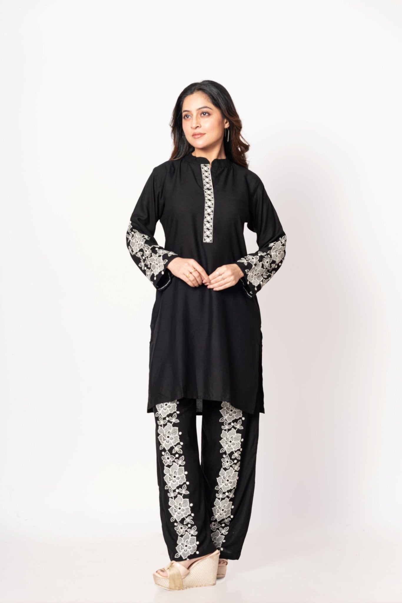 Black Rayon Co - Ord Set with White Floral Embroidered Work - Anvi Couture
