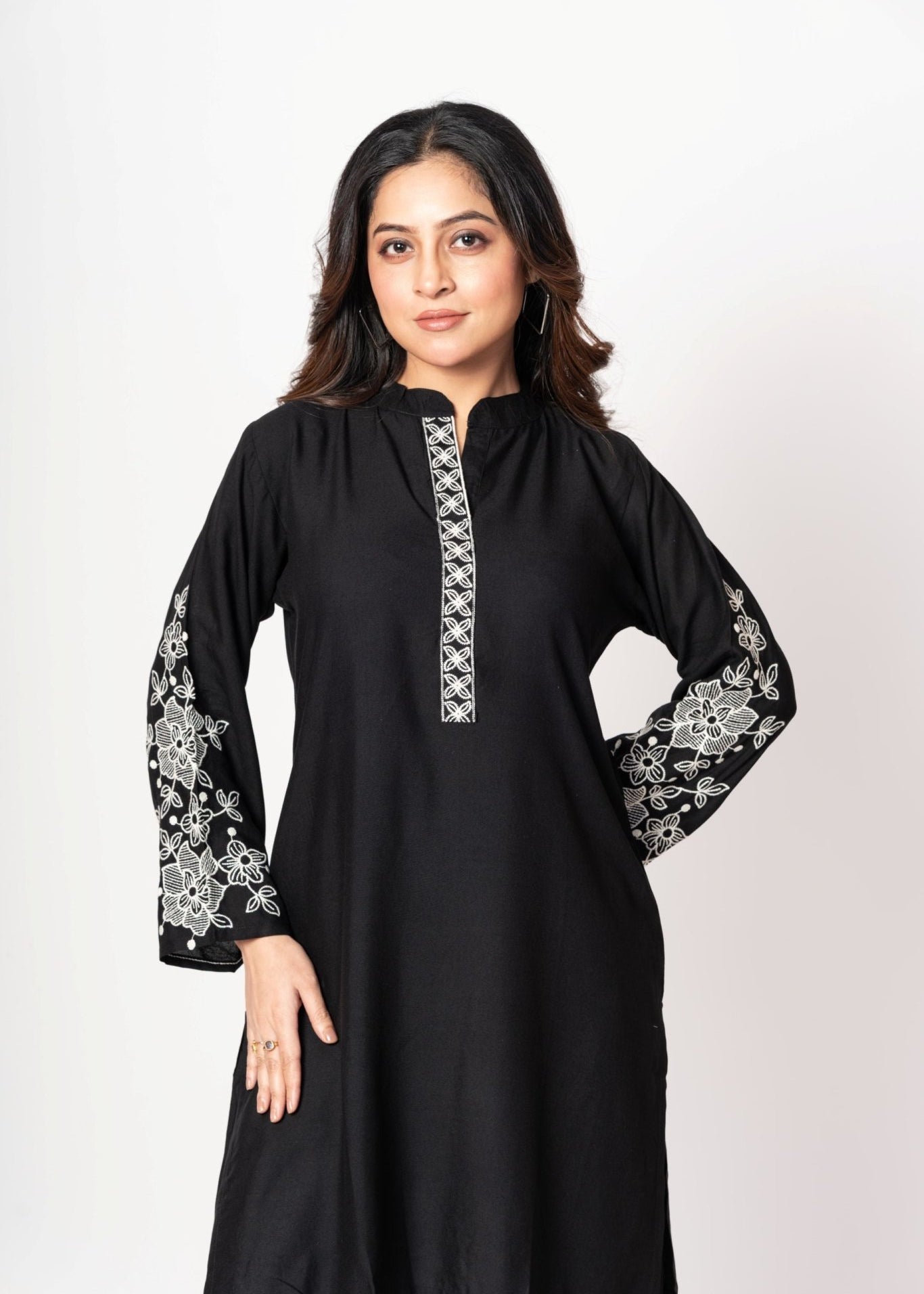 Black Rayon Co - Ord Set with White Floral Embroidered Work - Anvi Couture