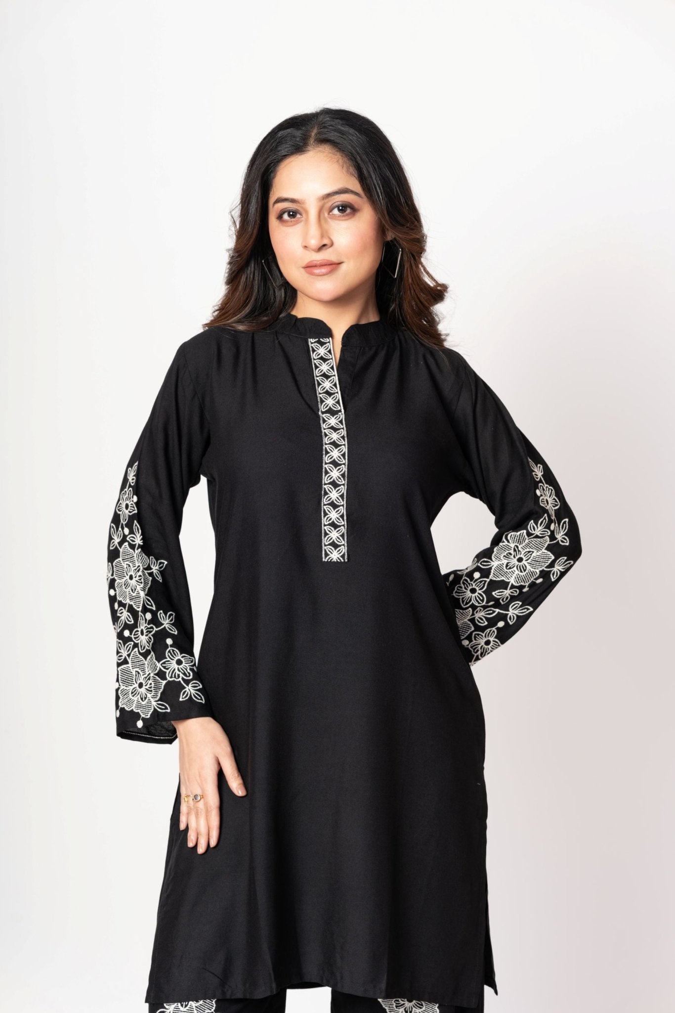 Black Rayon Co - Ord Set with White Floral Embroidered Work - Anvi Couture