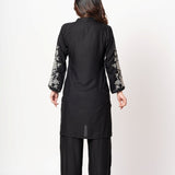 Black Rayon Co - Ord Set with White Floral Embroidered Work - Anvi Couture