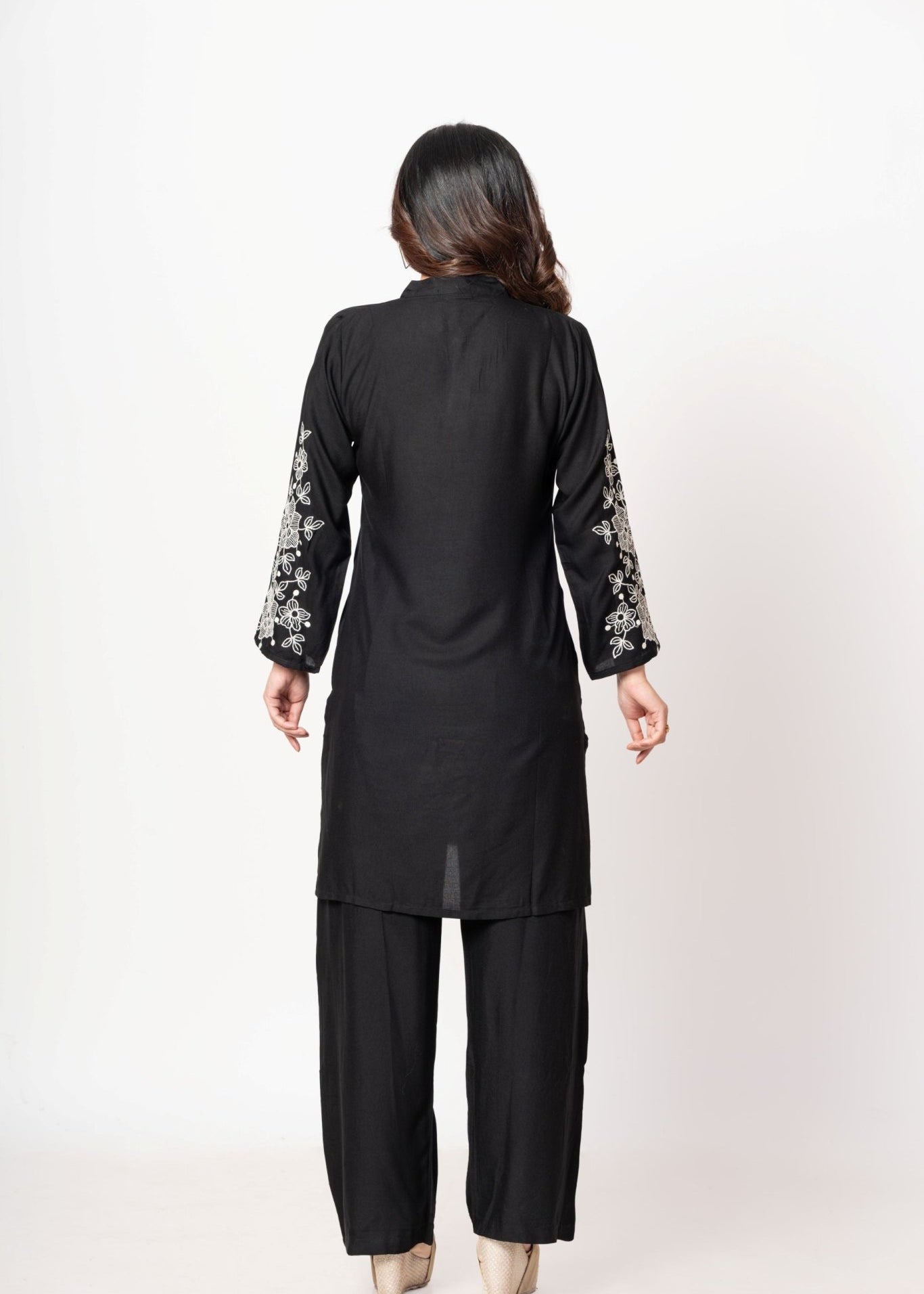 Black Rayon Co - Ord Set with White Floral Embroidered Work - Anvi Couture