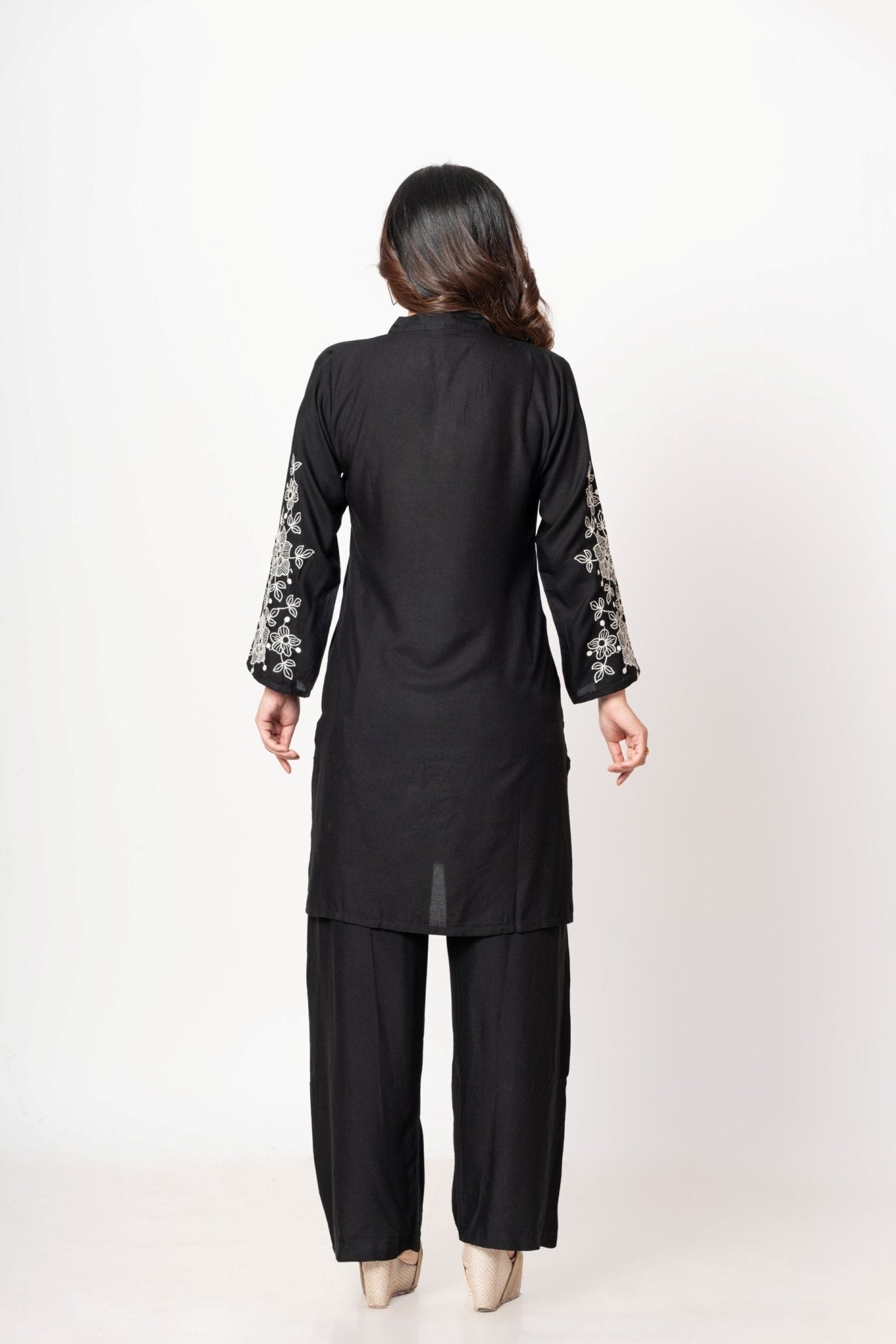 Black Rayon Co - Ord Set with White Floral Embroidered Work - Anvi Couture