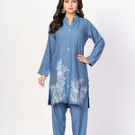 Blue Rayon Co - Ord Set with WhiteFloral Embroidered Work - Anvi Couture