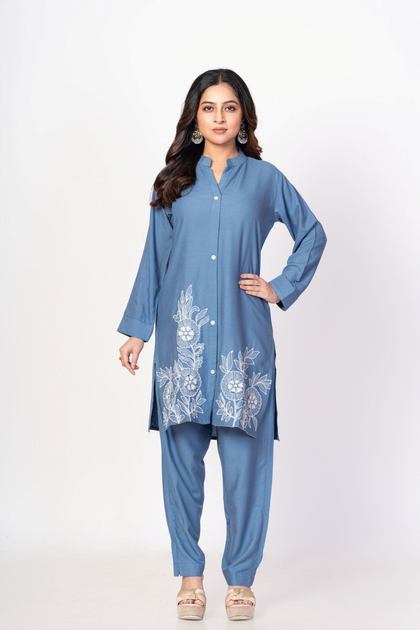 Blue Rayon Co - Ord Set with WhiteFloral Embroidered Work - Anvi Couture