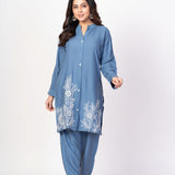 Blue Rayon Co - Ord Set with WhiteFloral Embroidered Work - Anvi Couture