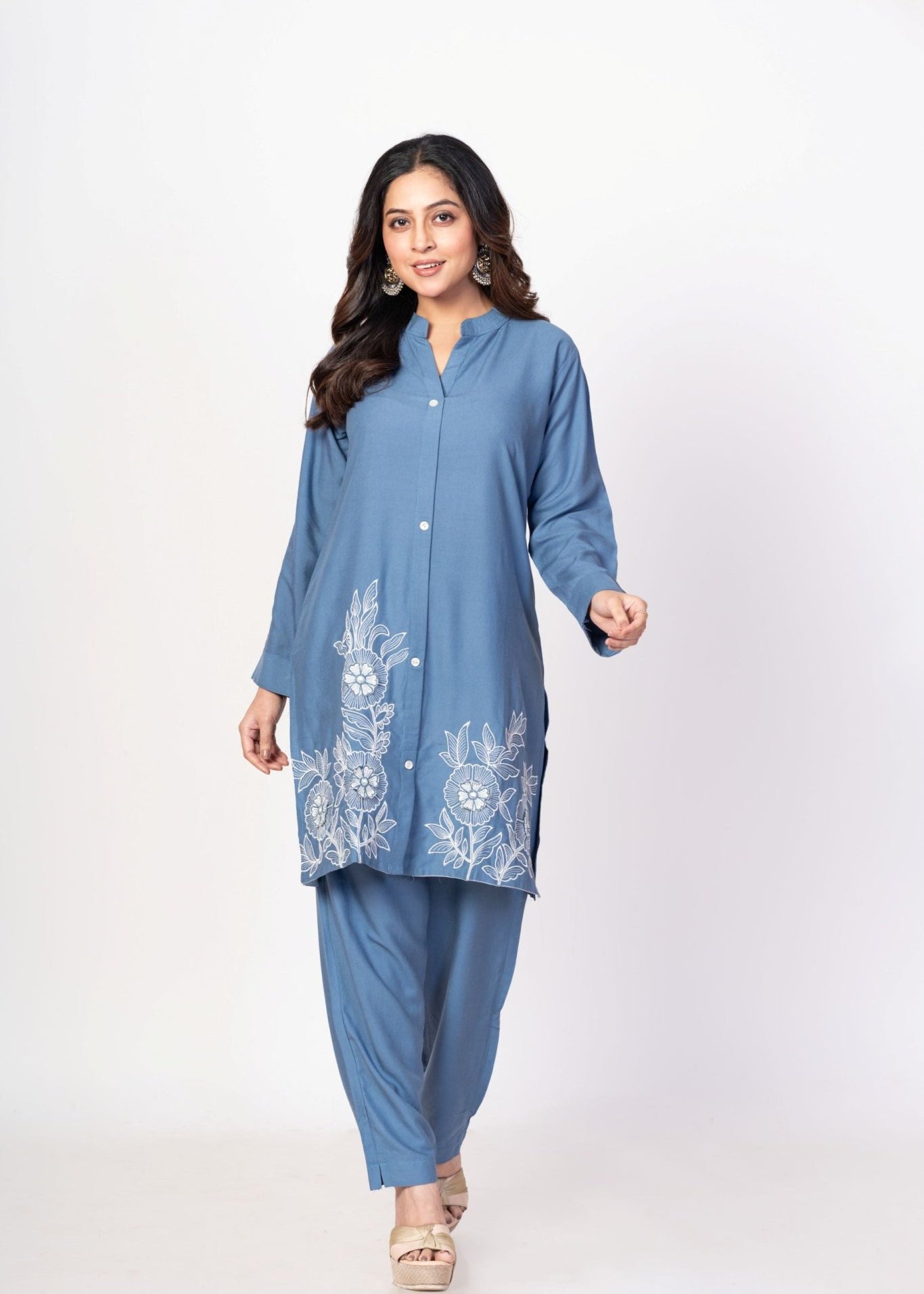 Blue Rayon Co - Ord Set with WhiteFloral Embroidered Work - Anvi Couture