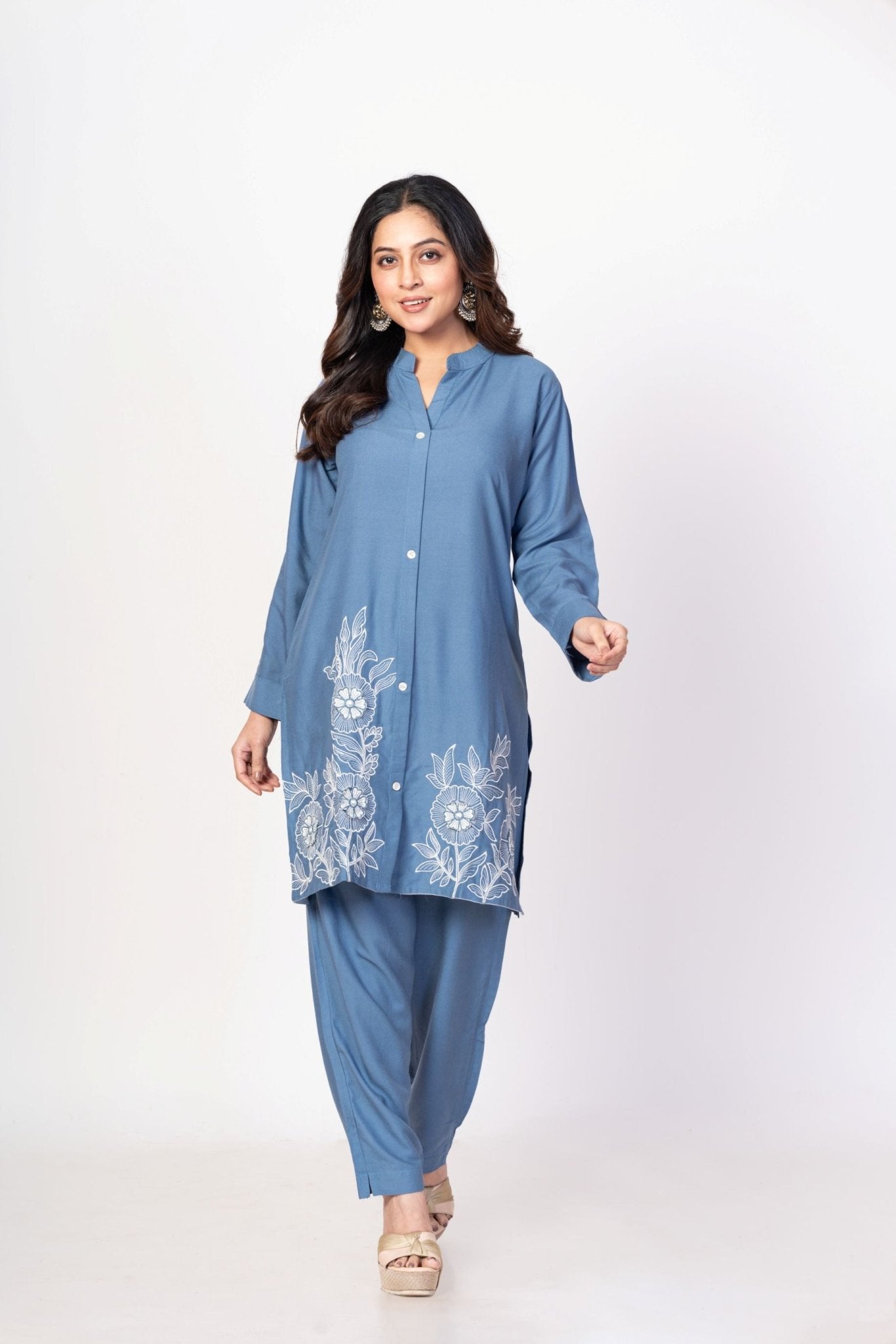 Blue Rayon Co - Ord Set with WhiteFloral Embroidered Work - Anvi Couture