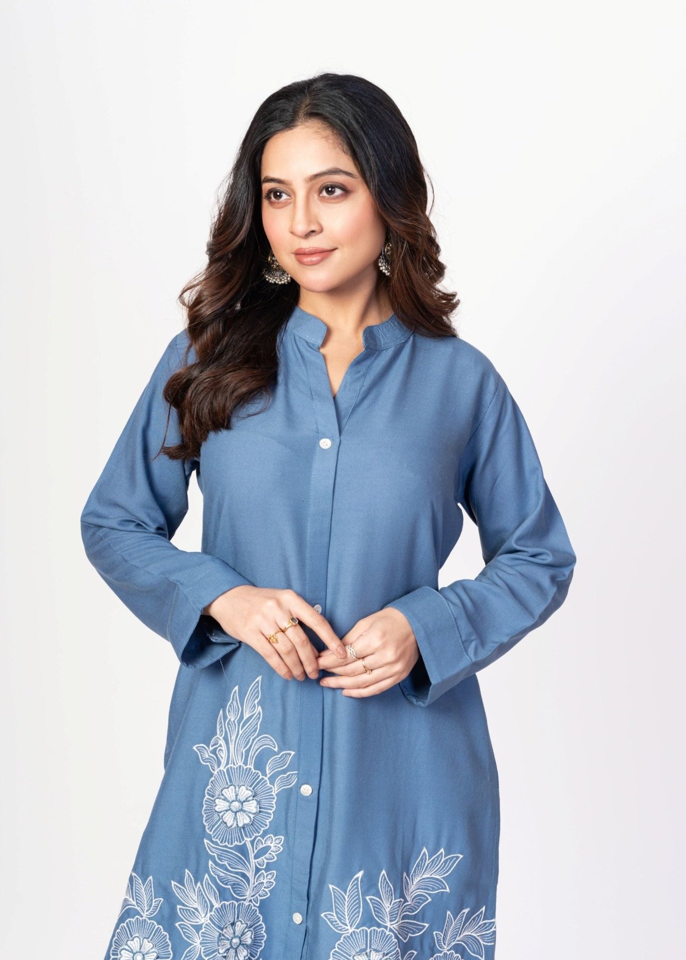 Blue Rayon Co - Ord Set with WhiteFloral Embroidered Work - Anvi Couture