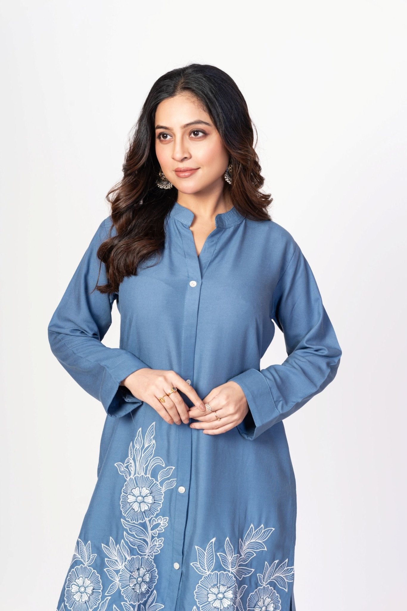 Blue Rayon Co - Ord Set with WhiteFloral Embroidered Work - Anvi Couture