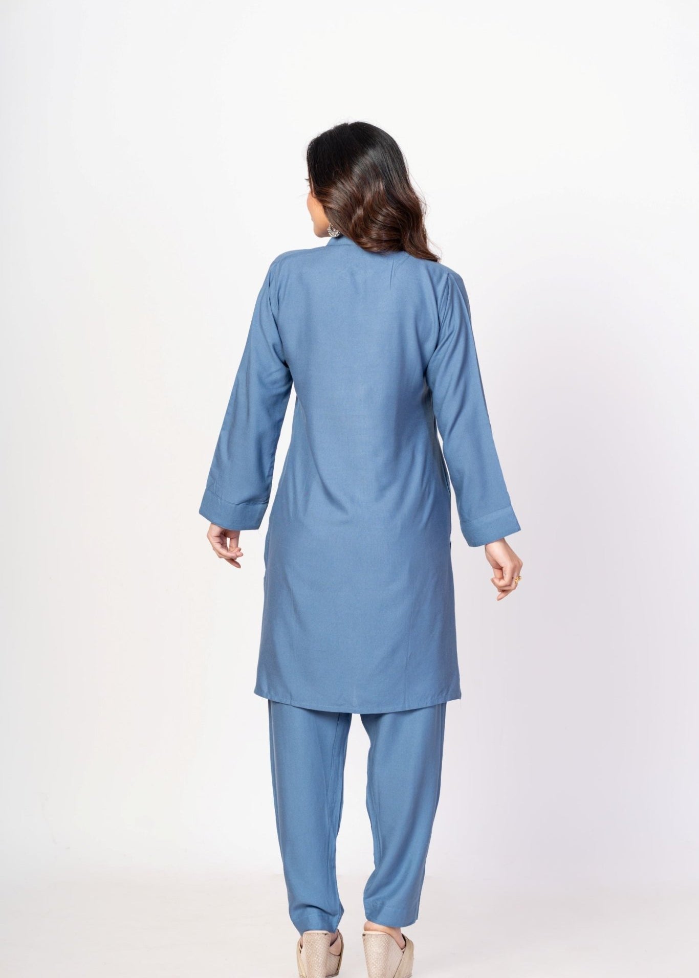 Blue Rayon Co - Ord Set with WhiteFloral Embroidered Work - Anvi Couture