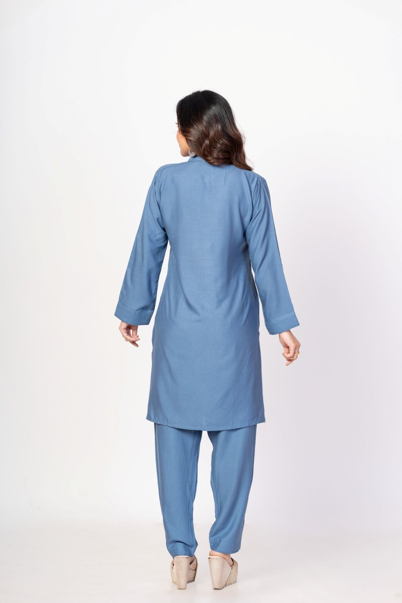 Blue Rayon Co - Ord Set with WhiteFloral Embroidered Work - Anvi Couture