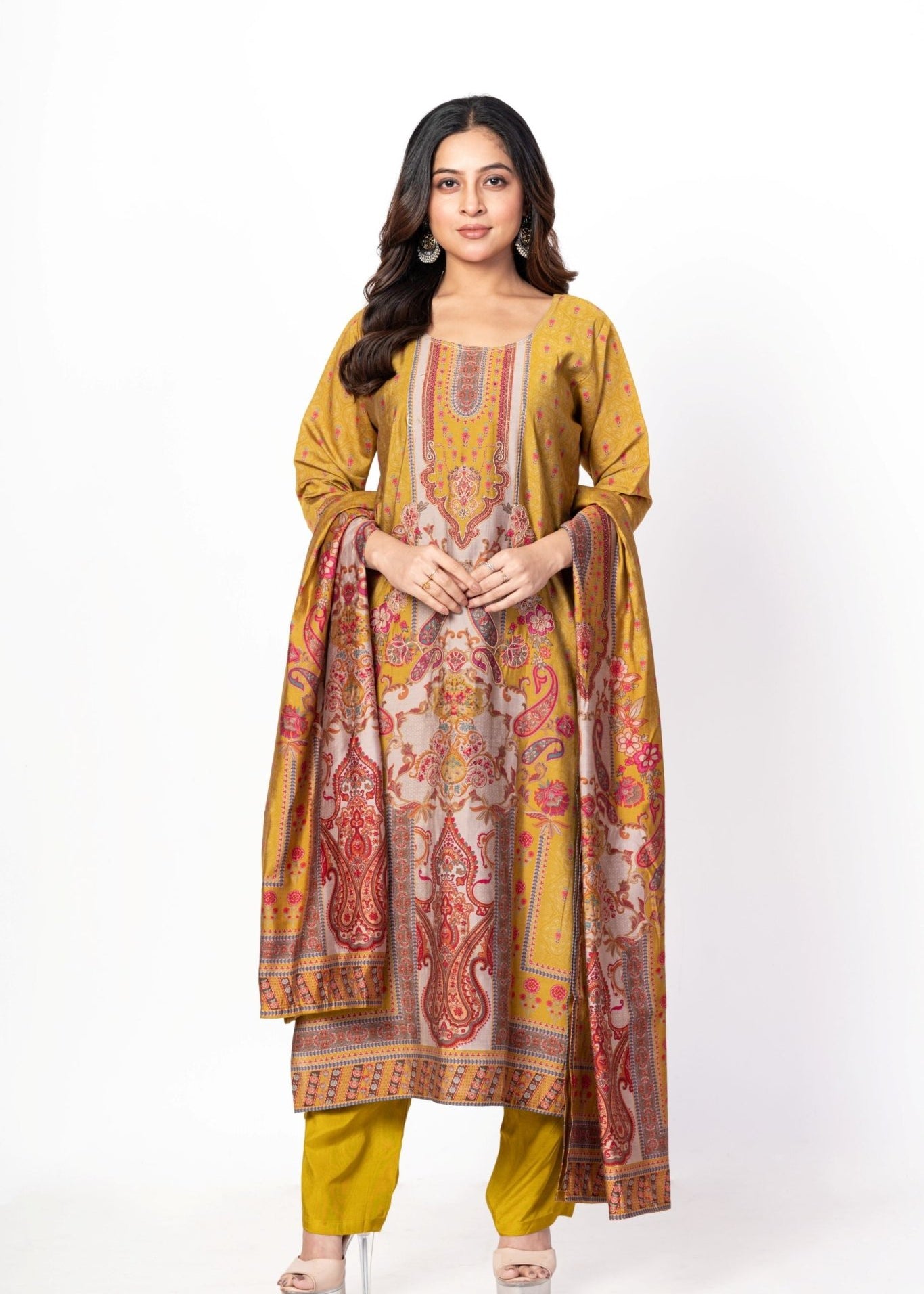 Mustard Yellow Printed Silk Kurta Set with Embroidered Work and Dupatta - Anvi Couture