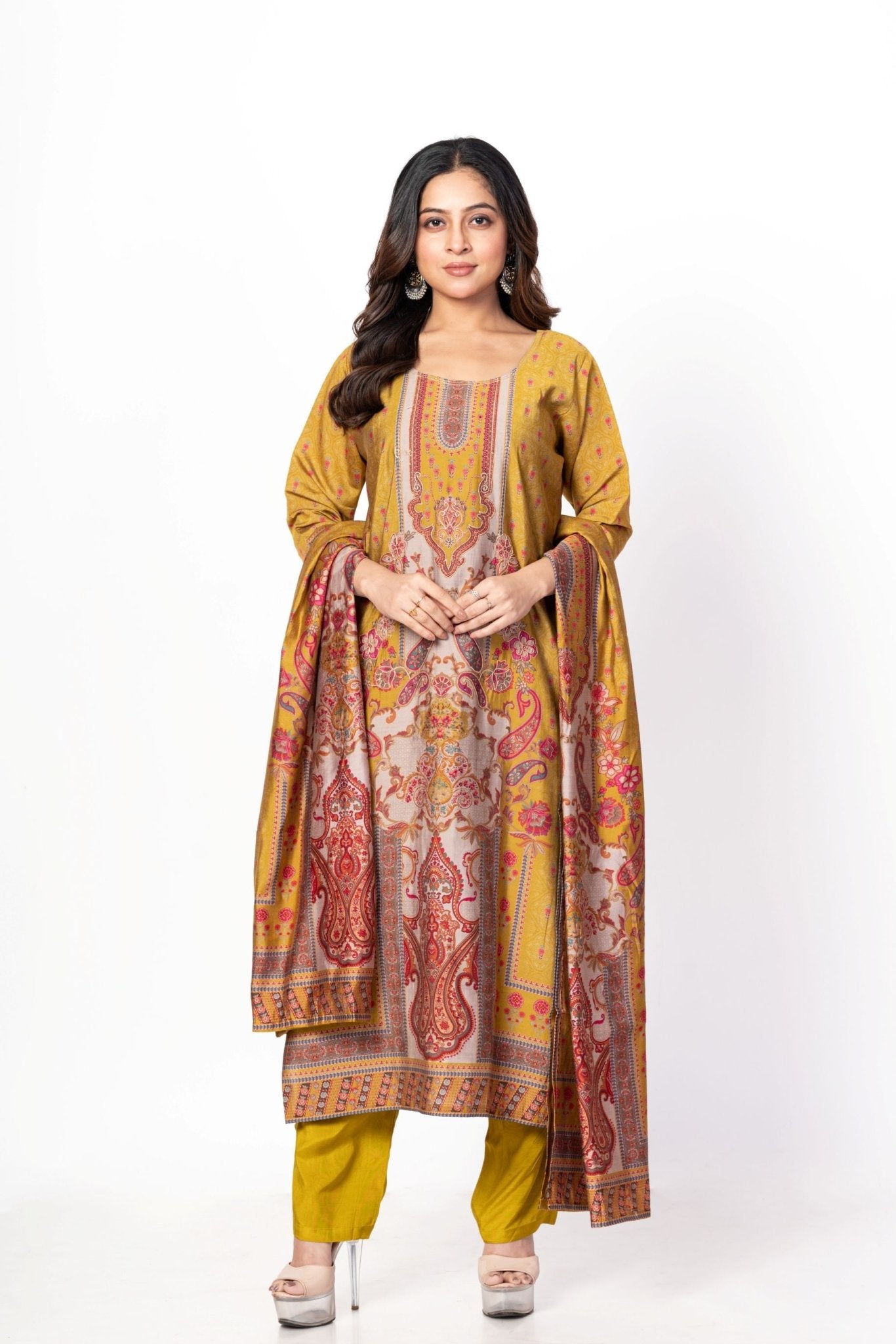 Mustard Yellow Printed Silk Kurta Set with Embroidered Work and Dupatta - Anvi Couture