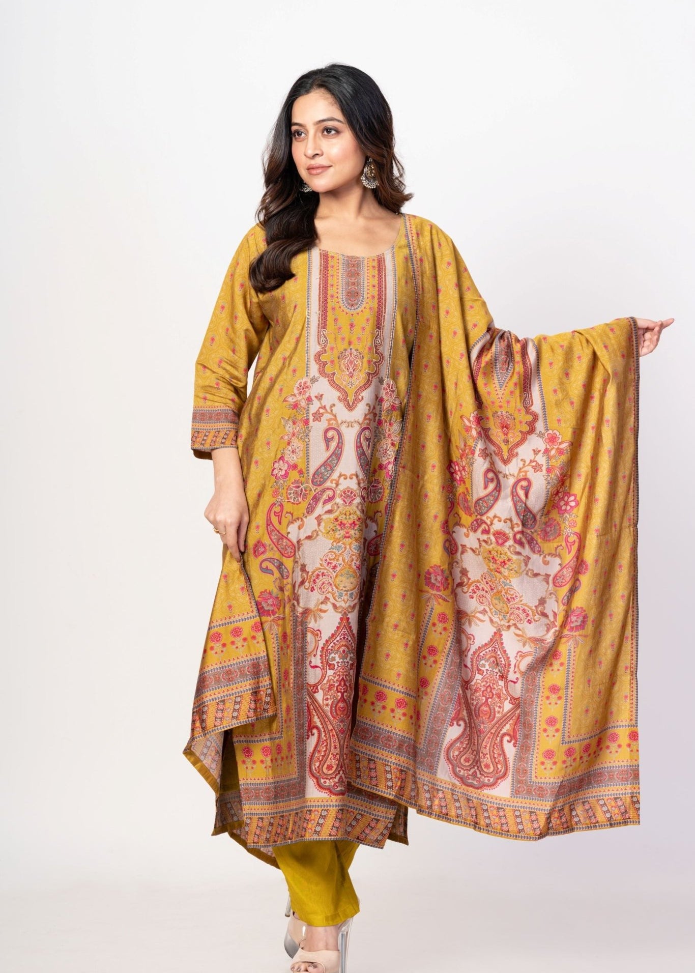 Mustard Yellow Printed Silk Kurta Set with Embroidered Work and Dupatta - Anvi Couture