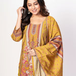Mustard Yellow Printed Silk Kurta Set with Embroidered Work and Dupatta - Anvi Couture