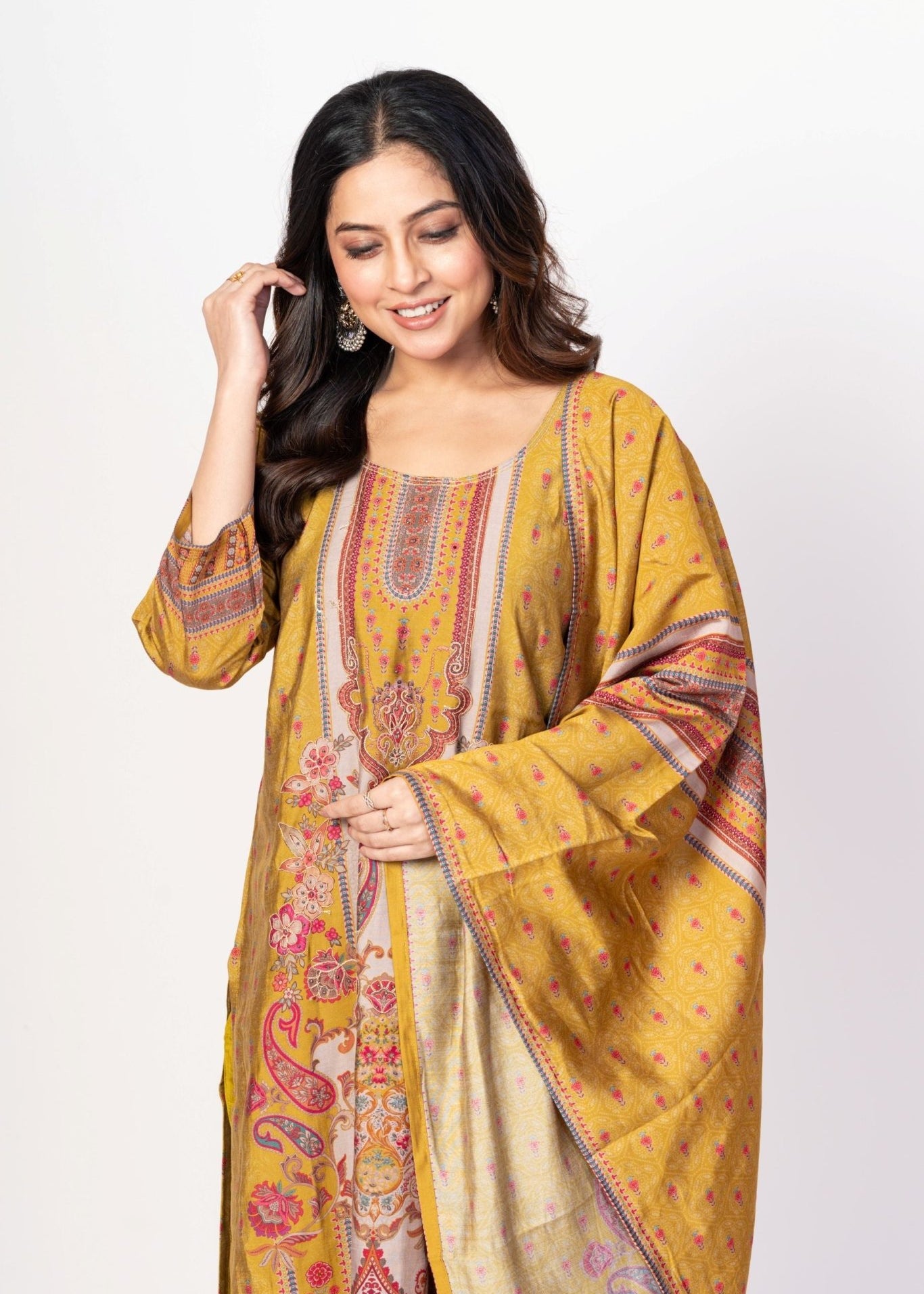 Mustard Yellow Printed Silk Kurta Set with Embroidered Work and Dupatta - Anvi Couture