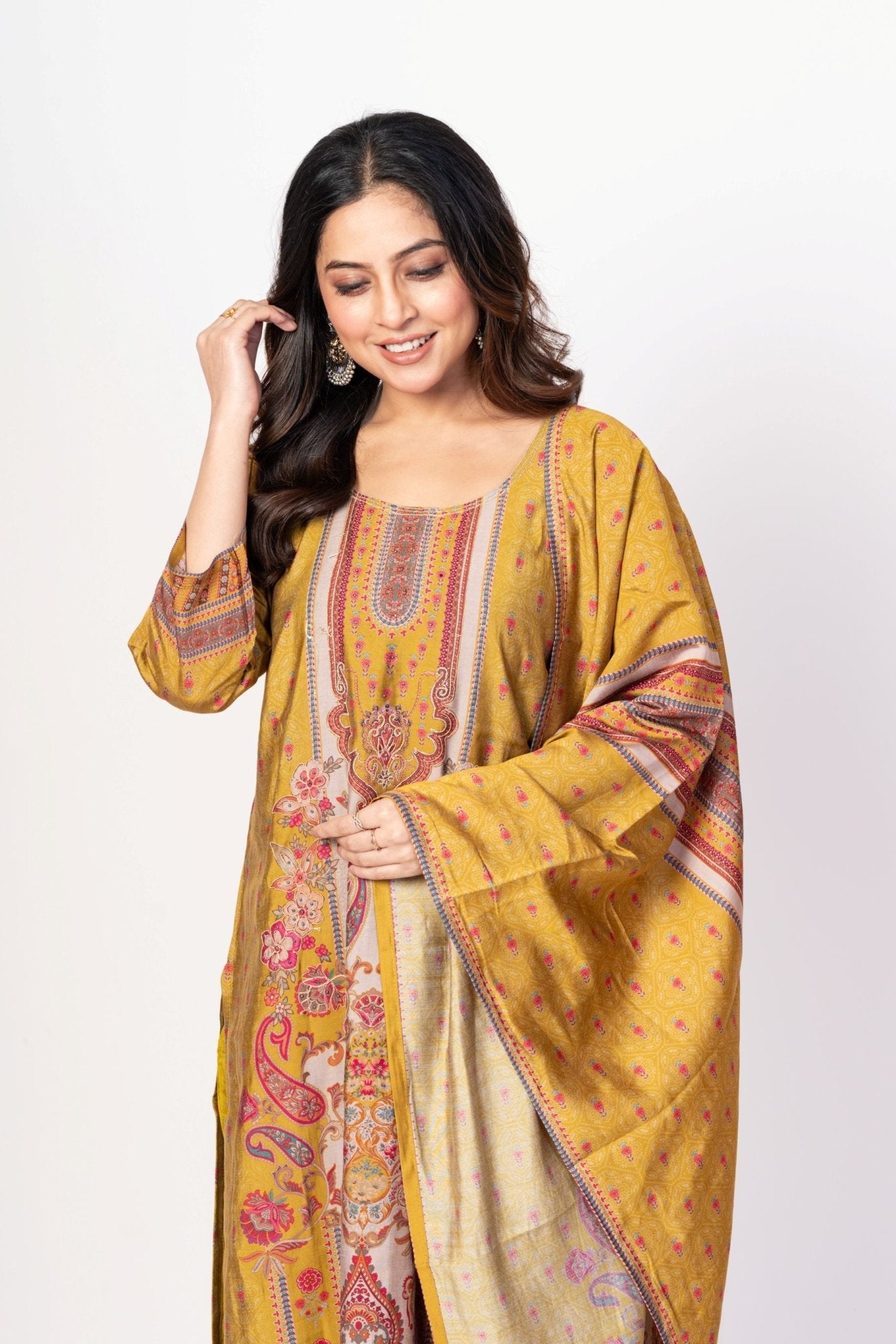 Mustard Yellow Printed Silk Kurta Set with Embroidered Work and Dupatta - Anvi Couture