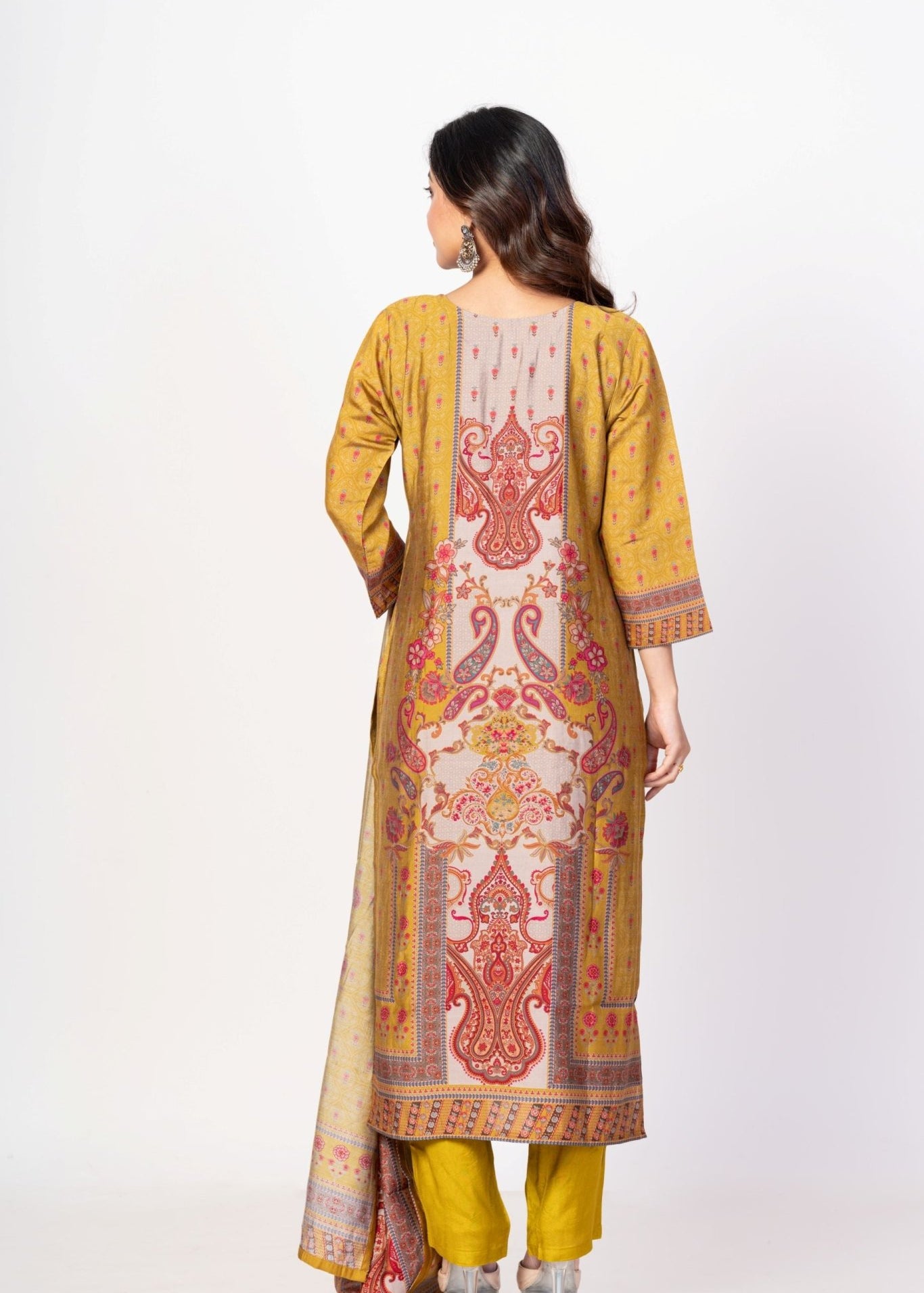 Mustard Yellow Printed Silk Kurta Set with Embroidered Work and Dupatta - Anvi Couture