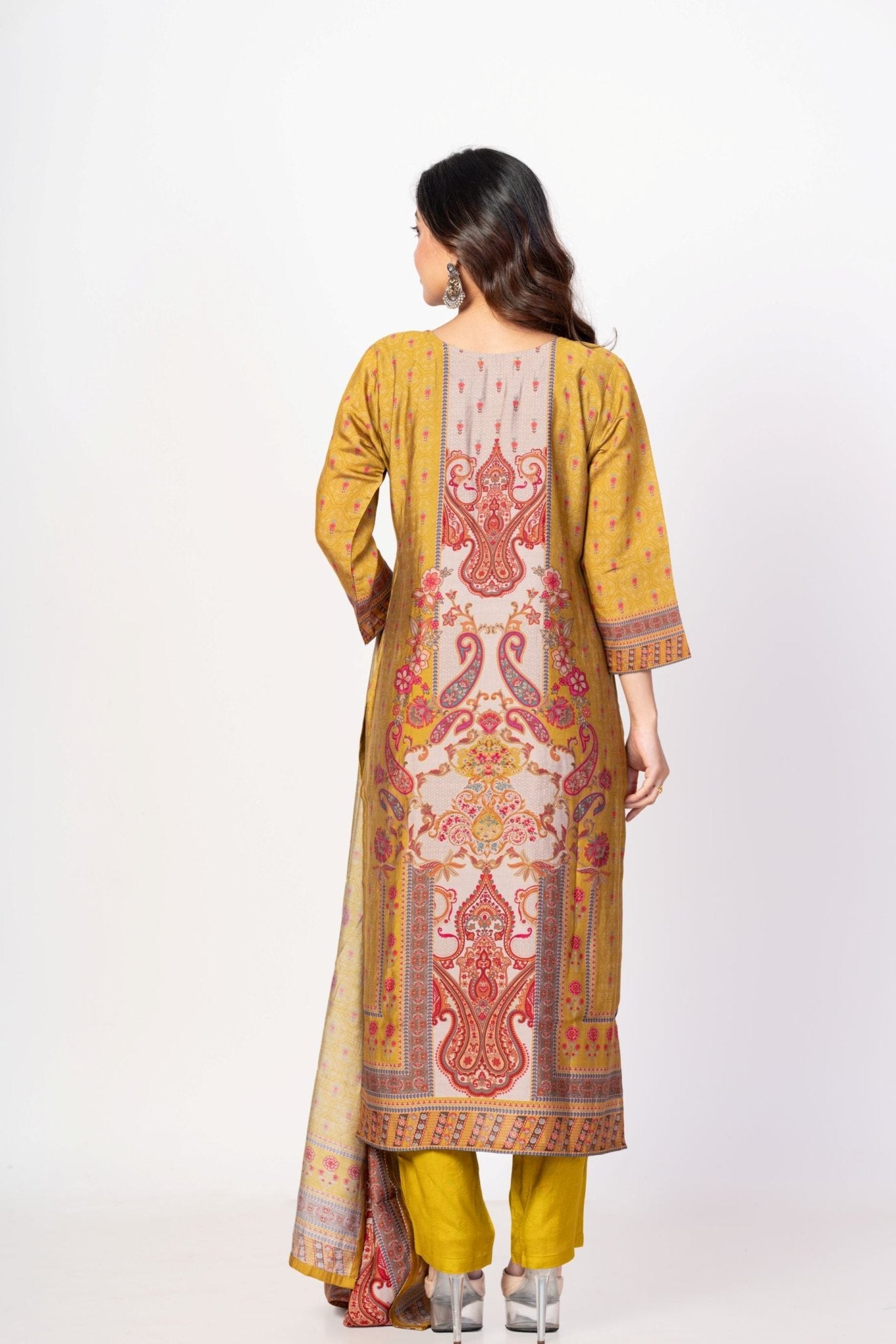 Mustard Yellow Printed Silk Kurta Set with Embroidered Work and Dupatta - Anvi Couture