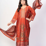 Rust Orange Printed Silk Kurta Set with Embroidered Work and Dupatta - Anvi Couture