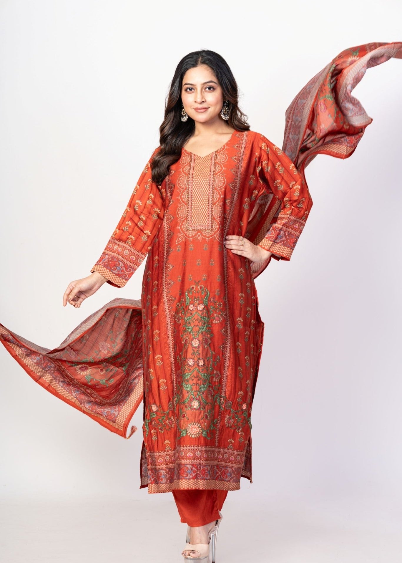 Rust Orange Printed Silk Kurta Set with Embroidered Work and Dupatta - Anvi Couture