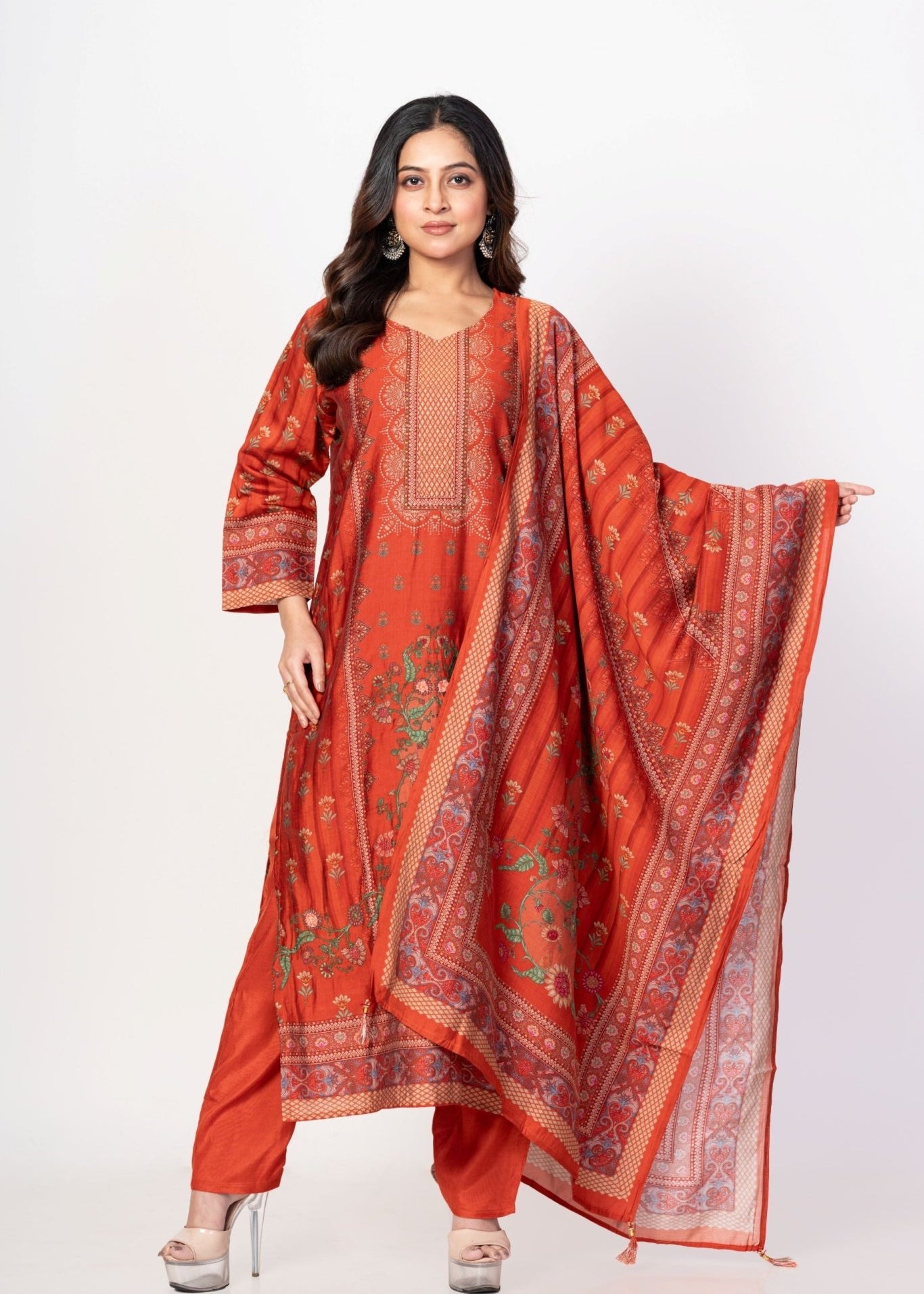 Rust Orange Printed Silk Kurta Set with Embroidered Work and Dupatta - Anvi Couture