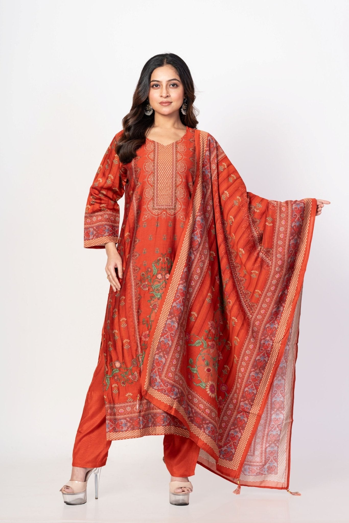 Rust Orange Printed Silk Kurta Set with Embroidered Work and Dupatta - Anvi Couture