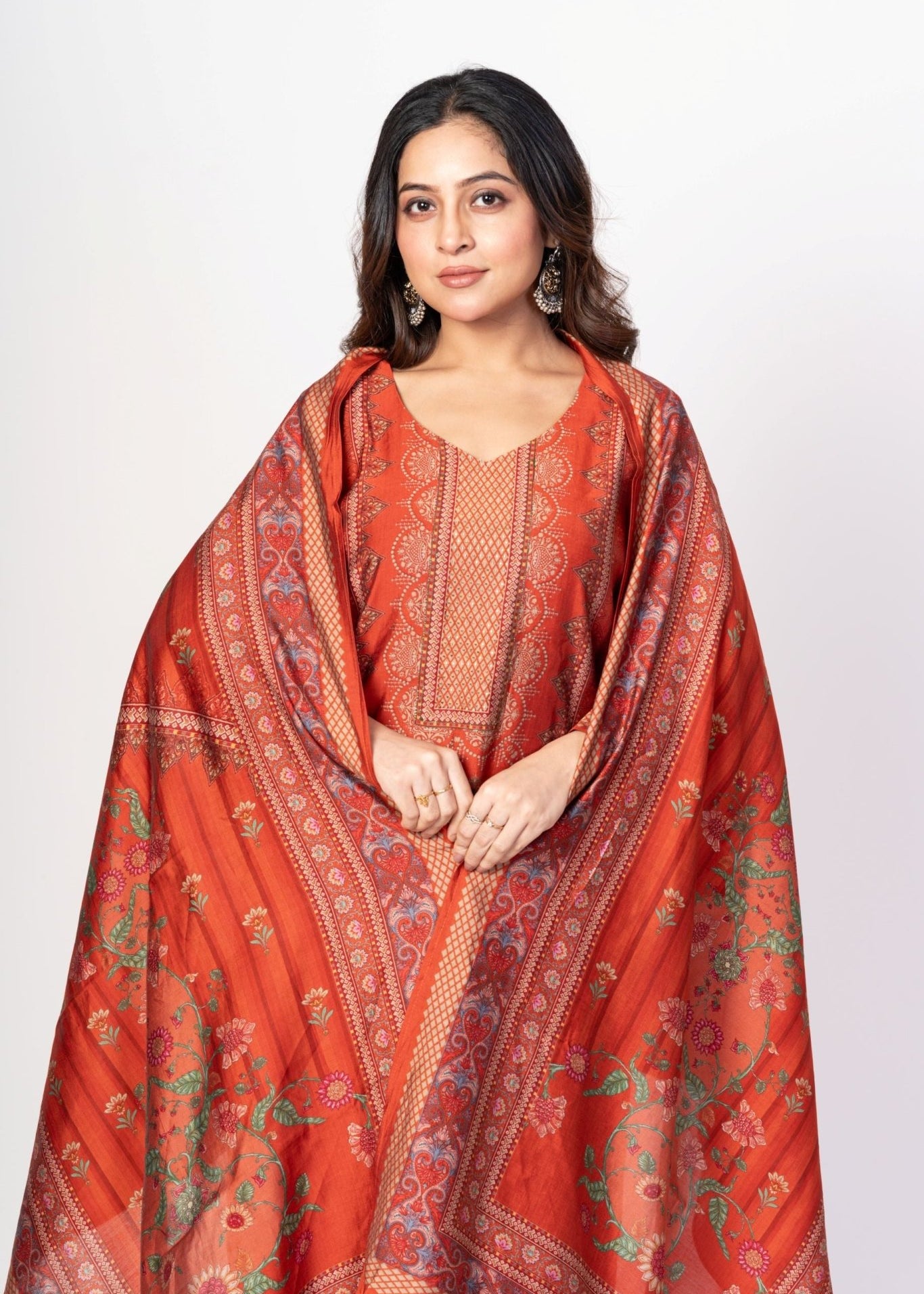 Rust Orange Printed Silk Kurta Set with Embroidered Work and Dupatta - Anvi Couture