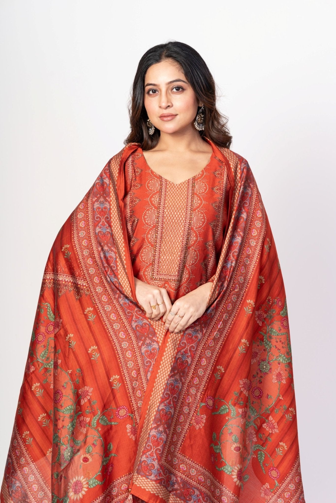 Rust Orange Printed Silk Kurta Set with Embroidered Work and Dupatta - Anvi Couture