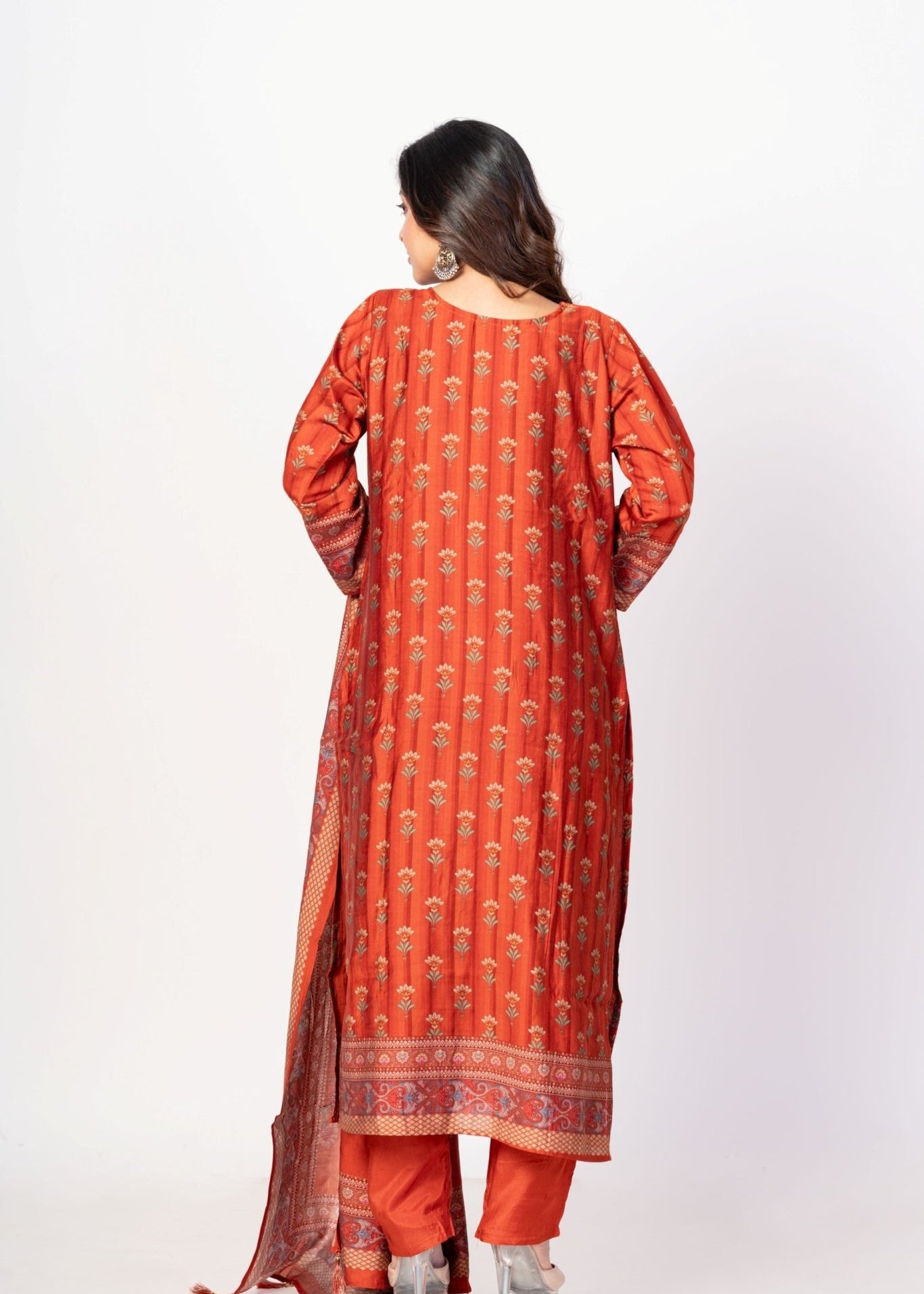 Rust Orange Printed Silk Kurta Set with Embroidered Work and Dupatta - Anvi Couture