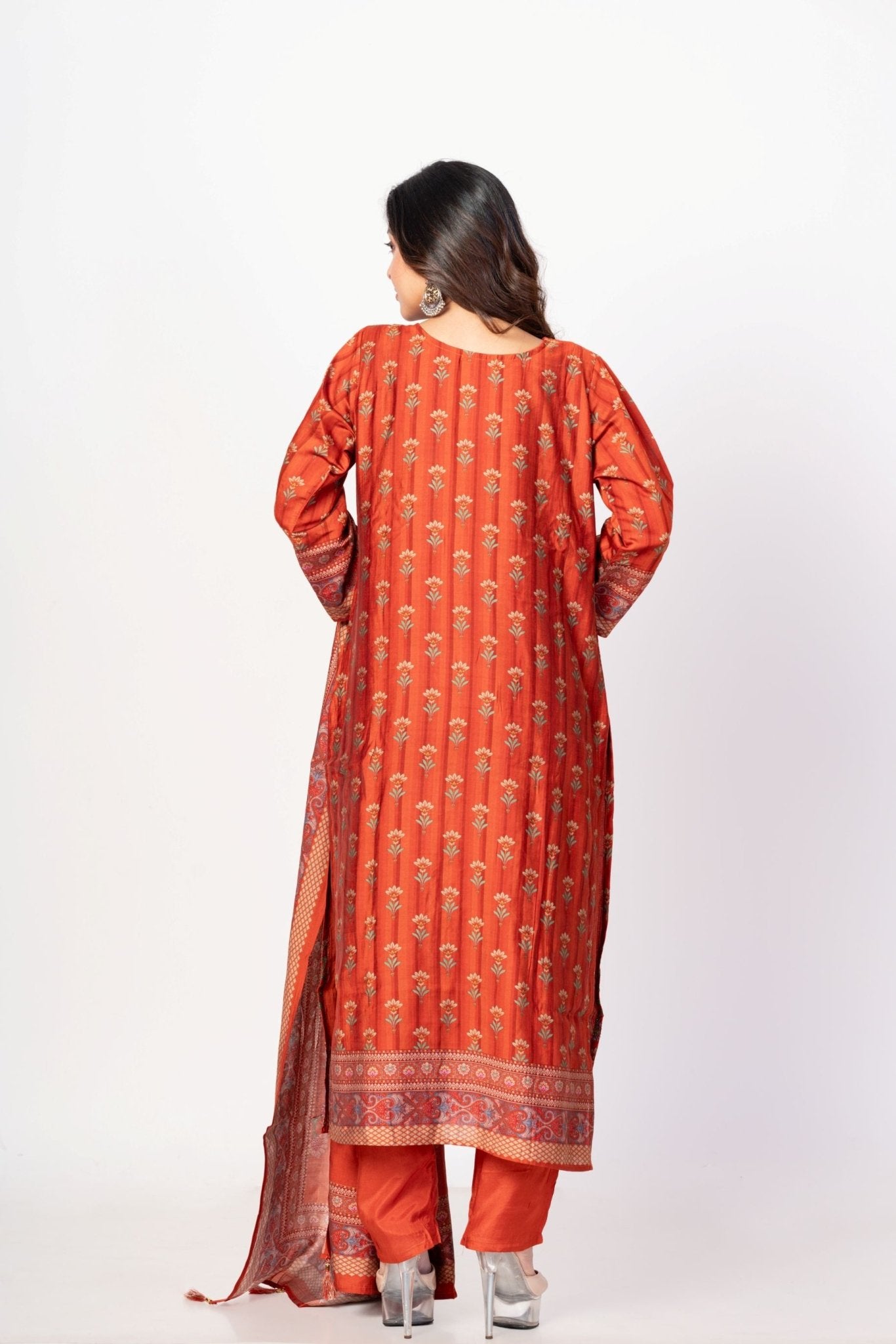 Rust Orange Printed Silk Kurta Set with Embroidered Work and Dupatta - Anvi Couture