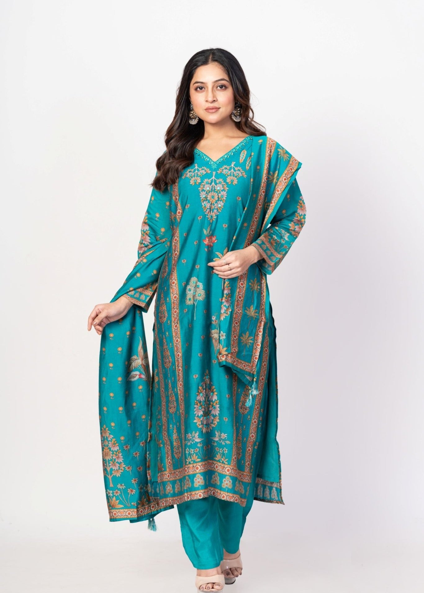 Electric Blue Printed Silk Kurta Set with Embroidered Work and Dupatta - Anvi Couture