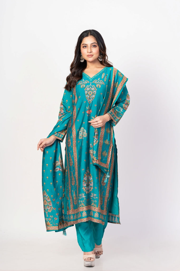 Electric Blue Printed Silk Kurta Set with Embroidered Work and Dupatta