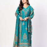 Electric Blue Printed Silk Kurta Set with Embroidered Work and Dupatta - Anvi Couture