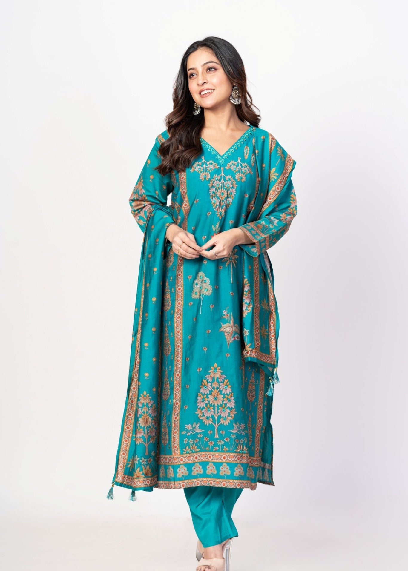 Electric Blue Printed Silk Kurta Set with Embroidered Work and Dupatta - Anvi Couture