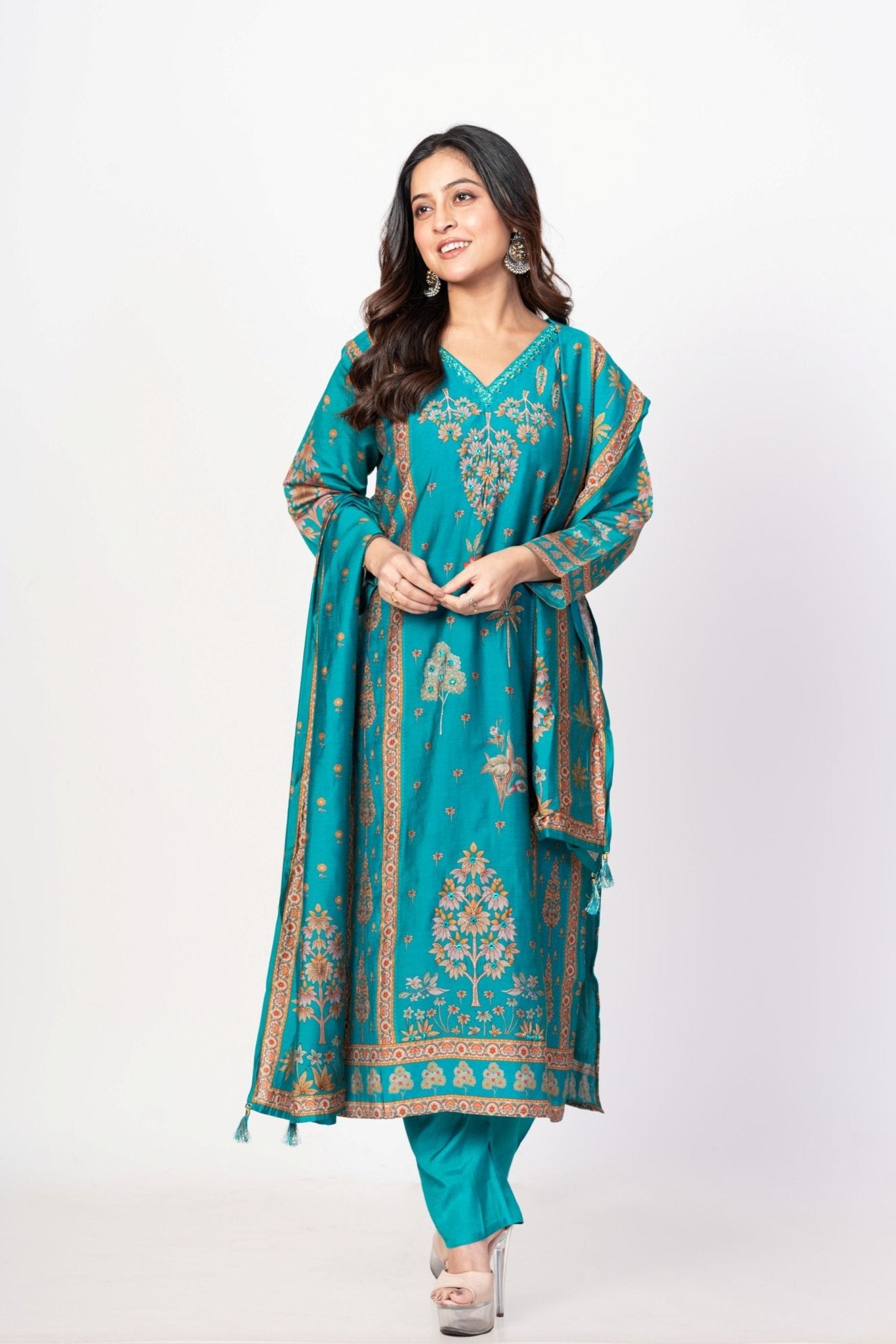 Electric Blue Printed Silk Kurta Set with Embroidered Work and Dupatta - Anvi Couture