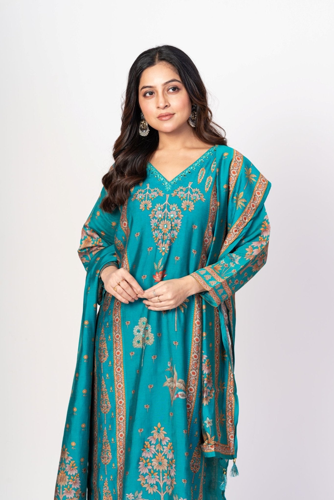 Electric Blue Printed Silk Kurta Set with Embroidered Work and Dupatta - Anvi Couture