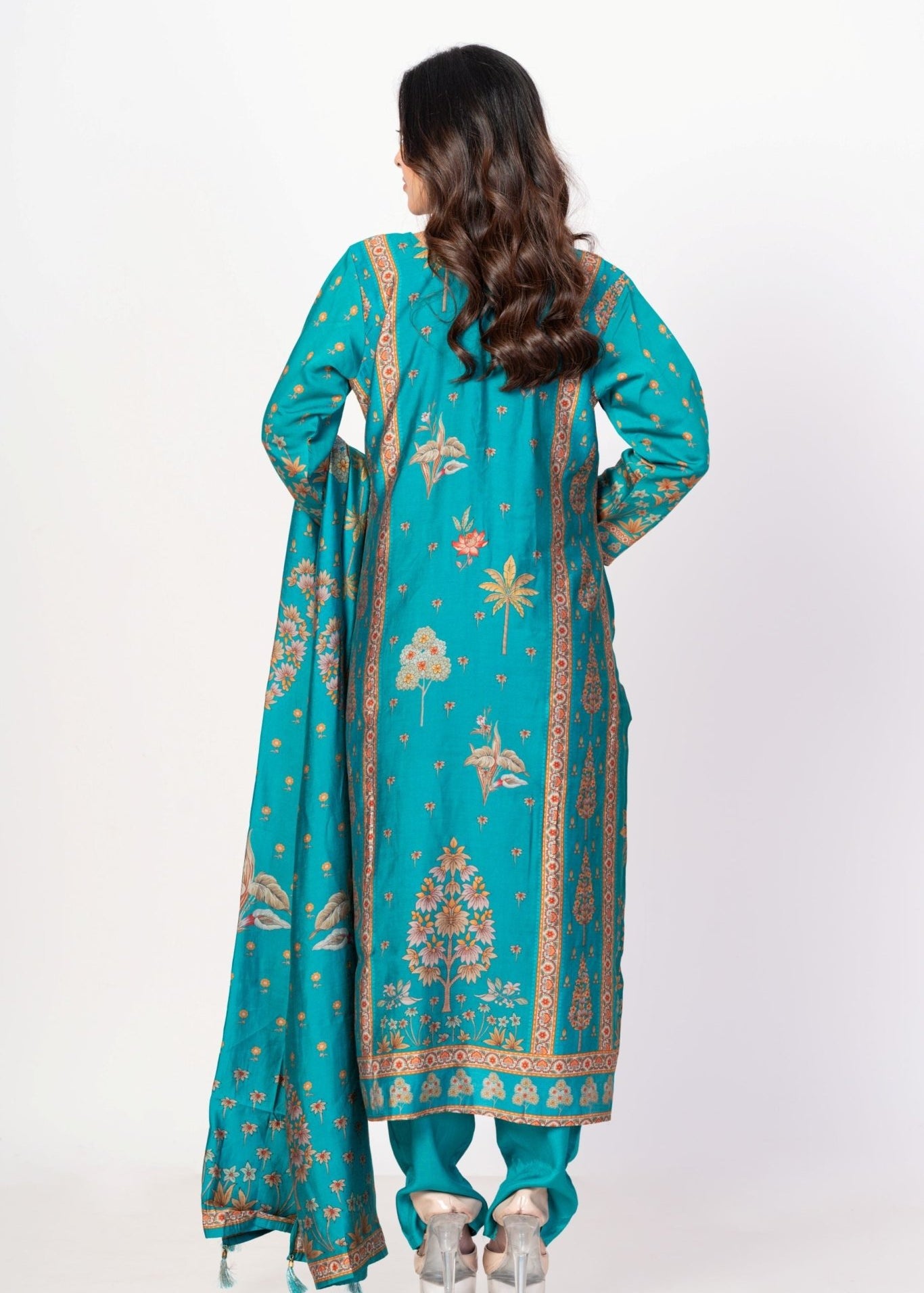 Electric Blue Printed Silk Kurta Set with Embroidered Work and Dupatta - Anvi Couture