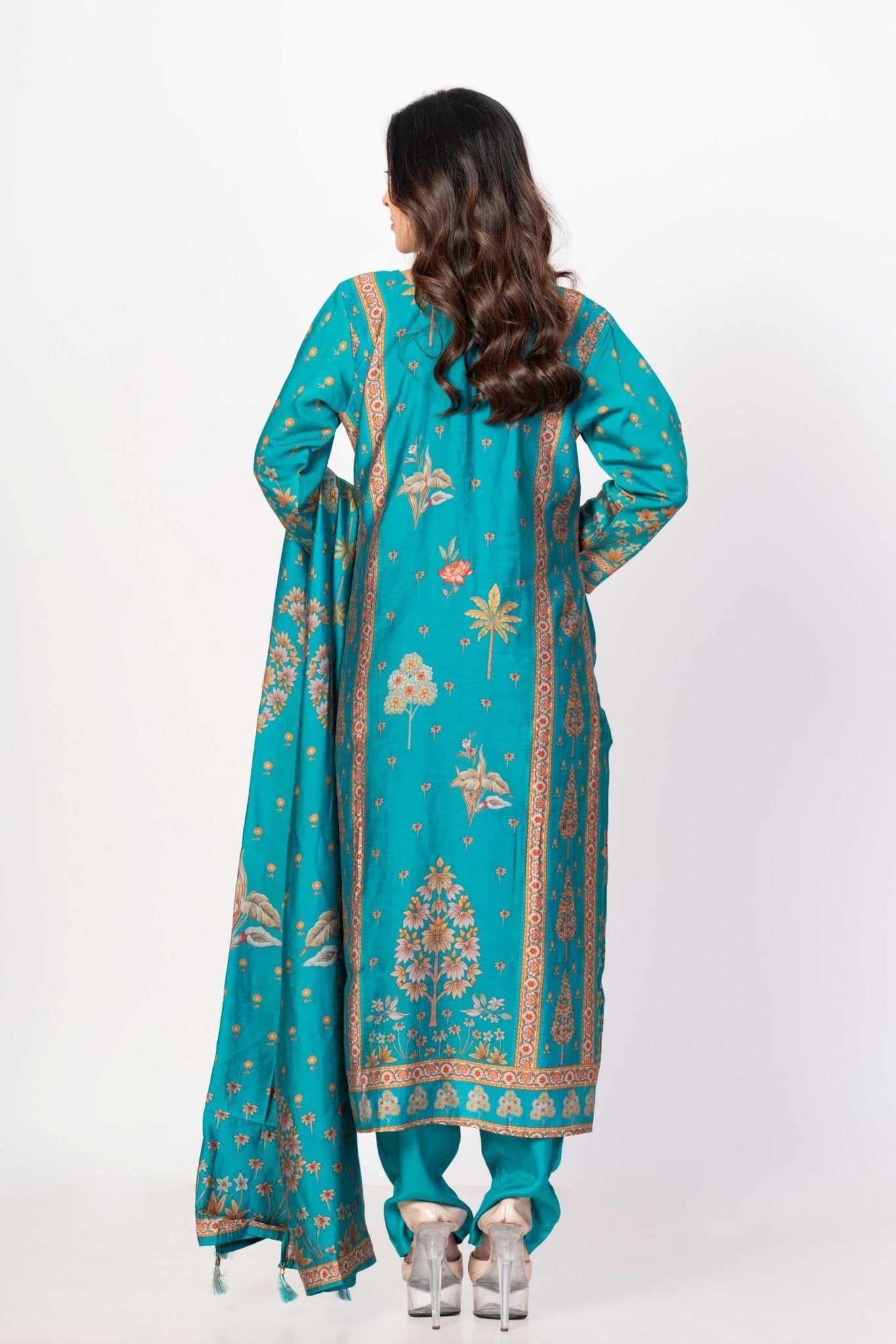 Electric Blue Printed Silk Kurta Set with Embroidered Work and Dupatta - Anvi Couture