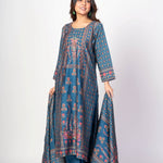 Teal Blue Printed Silk Kurta Set with Embroidered Work and Dupatta - Anvi Couture