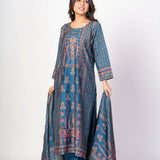 Teal Blue Printed Silk Kurta Set with Embroidered Work and Dupatta - Anvi Couture