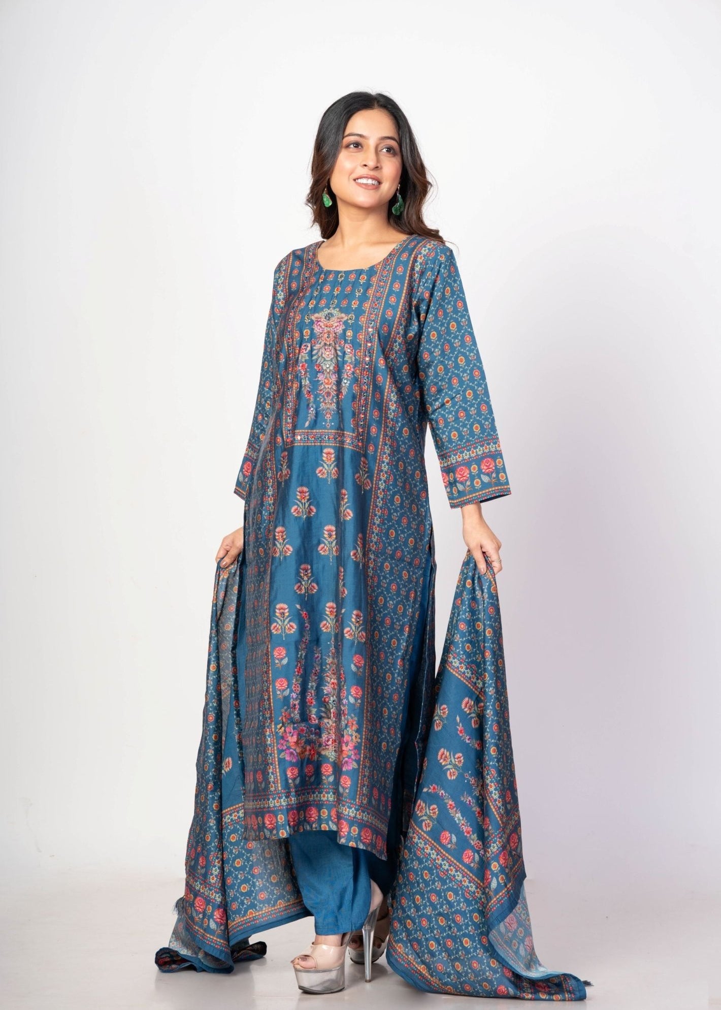 Teal Blue Printed Silk Kurta Set with Embroidered Work and Dupatta - Anvi Couture
