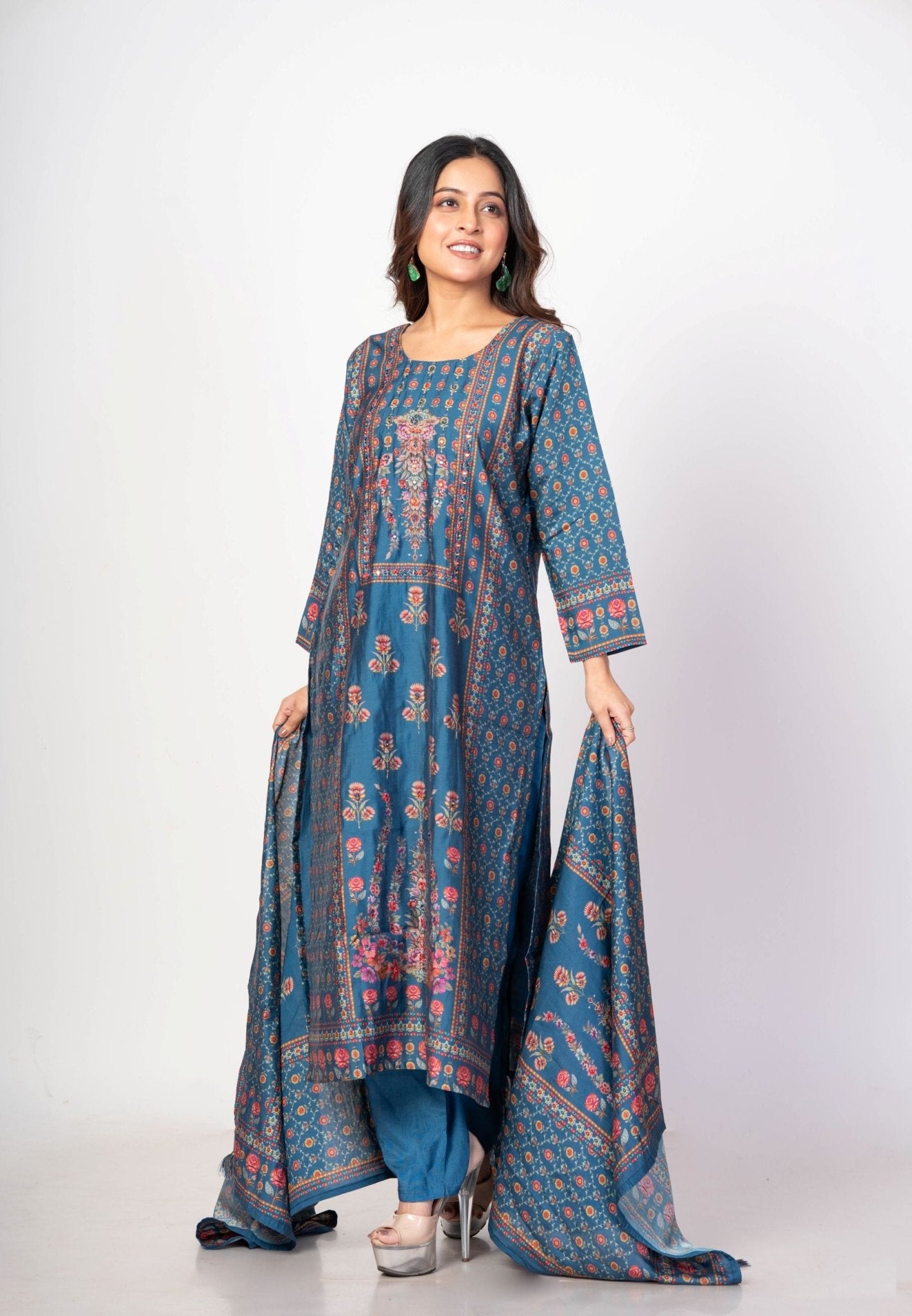 Teal Blue Printed Silk Kurta Set with Embroidered Work and Dupatta - Anvi Couture