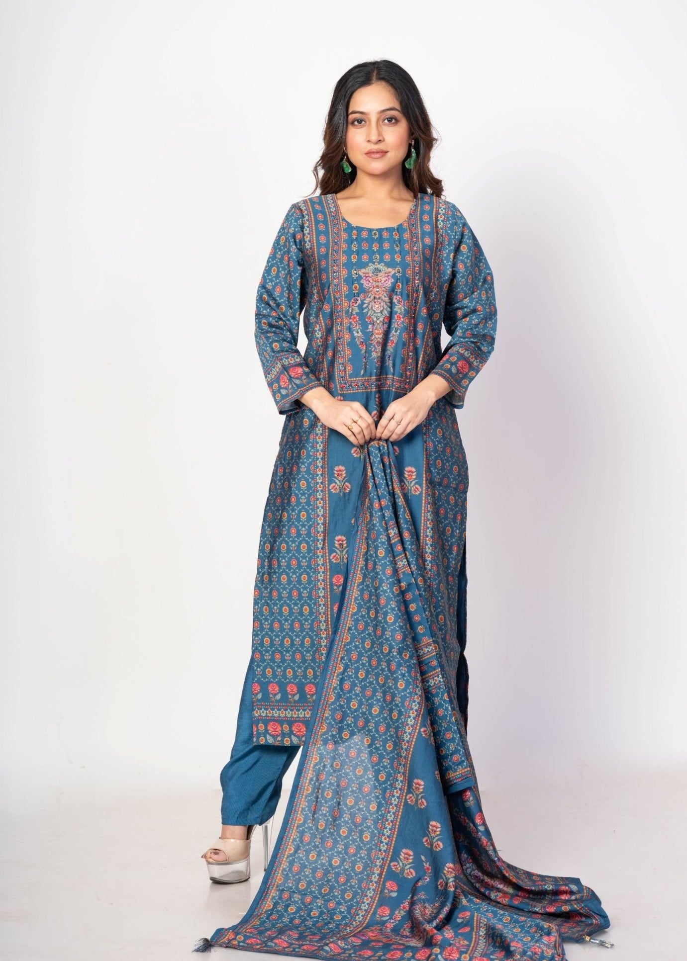 Teal Blue Printed Silk Kurta Set with Embroidered Work and Dupatta - Anvi Couture