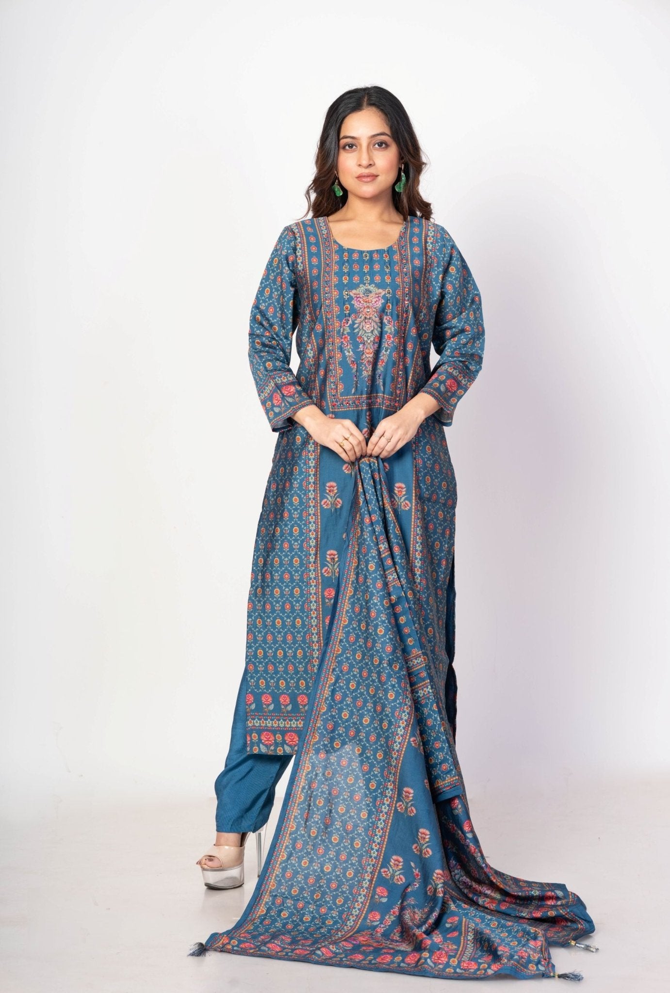 Teal Blue Printed Silk Kurta Set with Embroidered Work and Dupatta - Anvi Couture