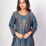 Teal Blue Printed Silk Kurta Set with Embroidered Work and Dupatta - Anvi Couture